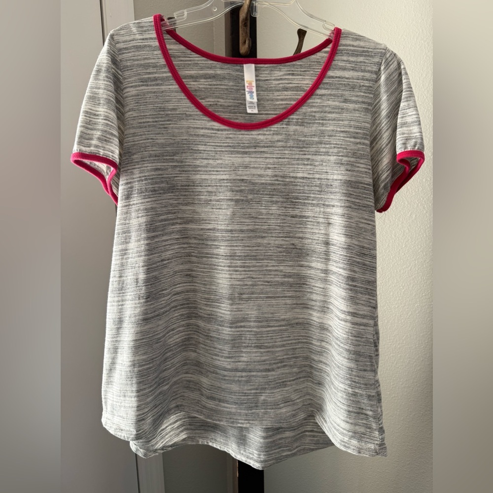 LuLaRoe Gray Striped Classic T shirt with Pink Trim Size XL
